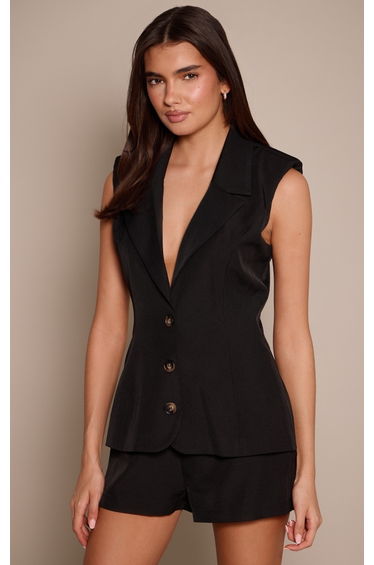 Black Button Down Sleeveless Playsuit