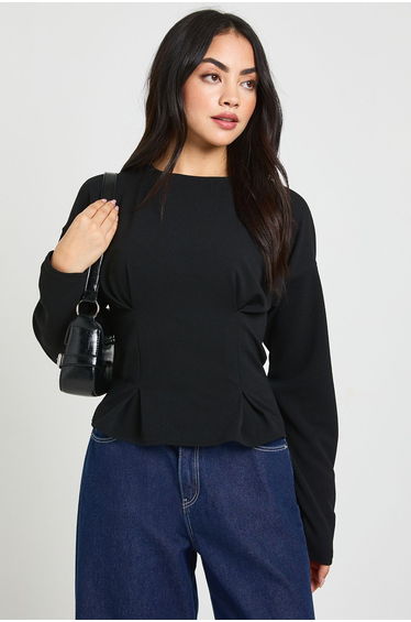 Crepe Long Sleeve Cinched Waist Top - black