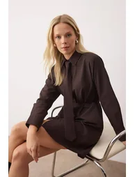 Brown tie detailed mini woven dress - 3