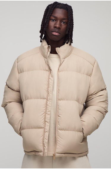 Funnel Neck Puffer Jacket in Stone - stone