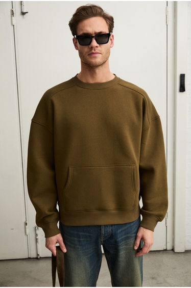 GRIMELANGE COYOTES Men's Crew Neck Kangaroo Pocket Organic Cotton Regular Fit Dark Khaki Sweatshirt