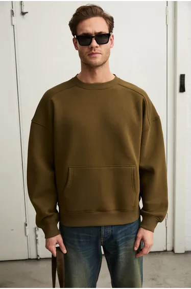 GRIMELANGE COYOTES Men's Crew Neck Kangaroo Pocket Organic Cotton Regular Fit Dark Khaki Sweatshirt