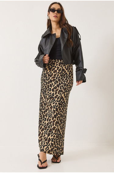 Women's Leopard Patterned Long Pencil Skirt with Elastic Waist
