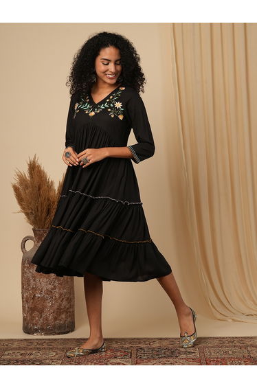 Women Black Embroidered V Neck Tiered Midi Dress