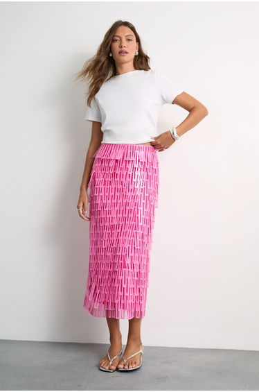 Fringe Cut Out Sequin Tiered Midi Skirt