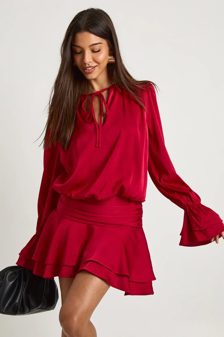 Drop Hem Chiffon Skater Dress - wine