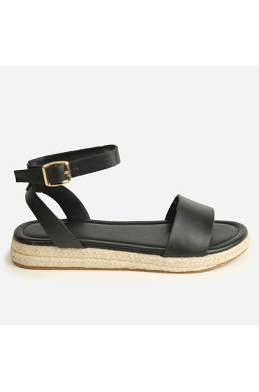 Women's Wheres That From Ankle Strap Raffia Low Flatform Sandals in Black