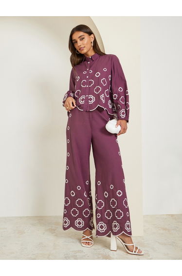 Women Purple Embroidered Long Sleeve Shirt