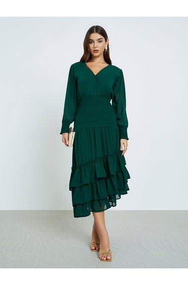 Asymmetric Hem Layered Midi Dress