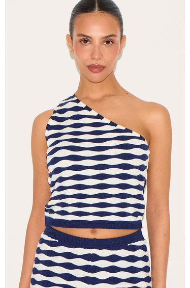Petite Navy Knitted One Shoulder Striped Long Fitted Top