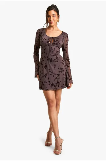 Mesh Tie Front Flare Sleeve Mini Dress