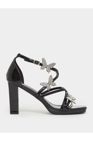 Women Black Embellished Block Heel Sandals
