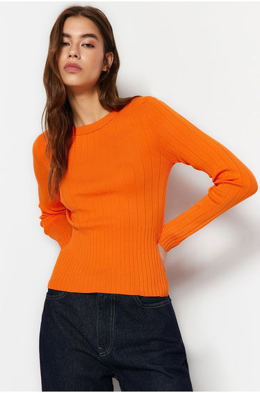 Orange Basic Crew Neck Knitwear Sweater