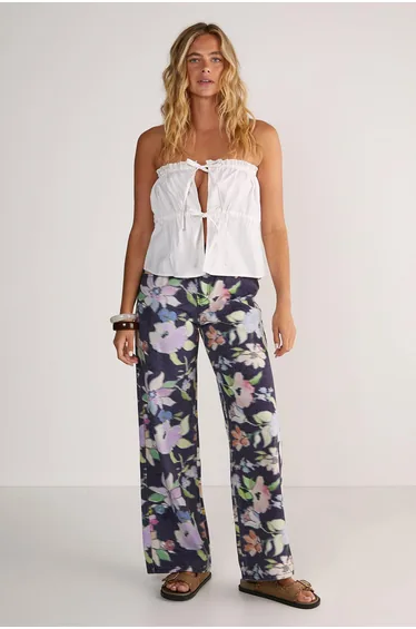 Floral Print Denim Wide Leg Jean