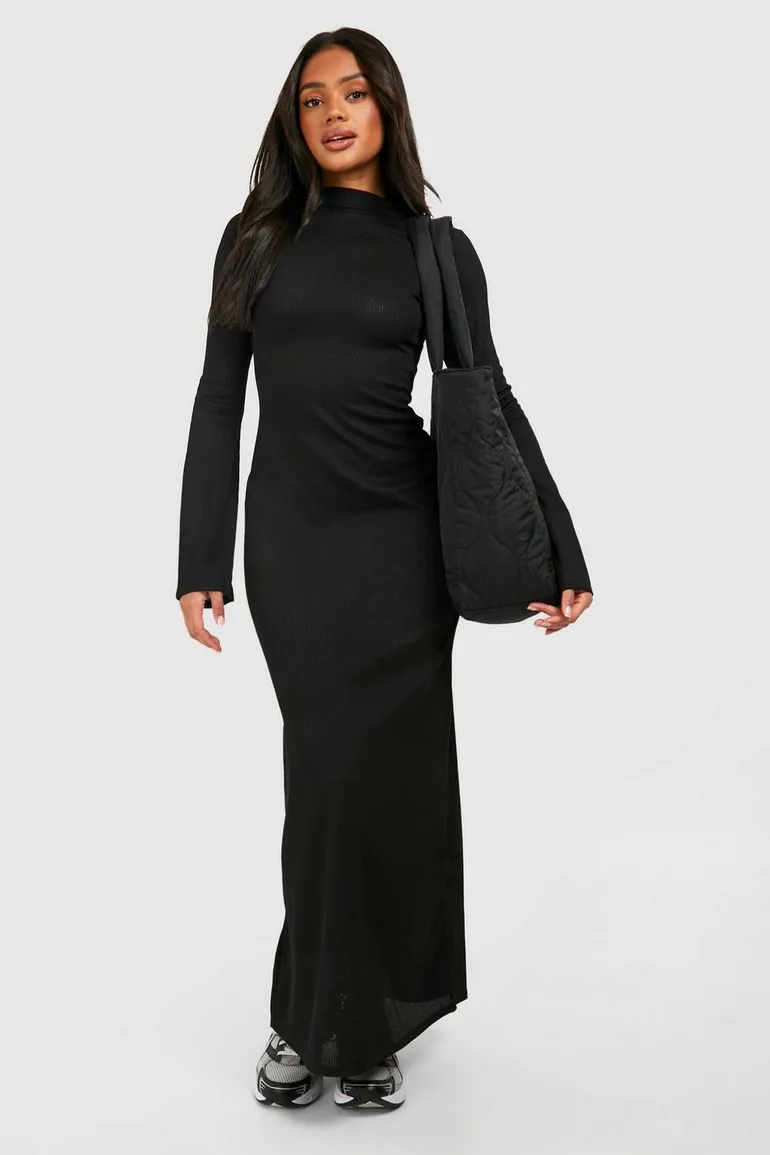 Shop Crew Neck Rib Flared Sleeve Maxi Dress - black Online in Oman