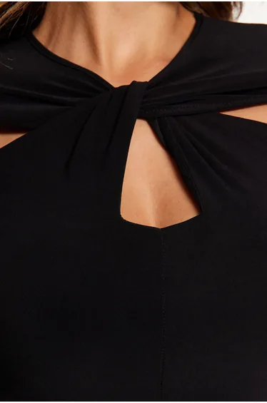 بودي سوت محبوك مزموم بفتحات مطاطي - أسود