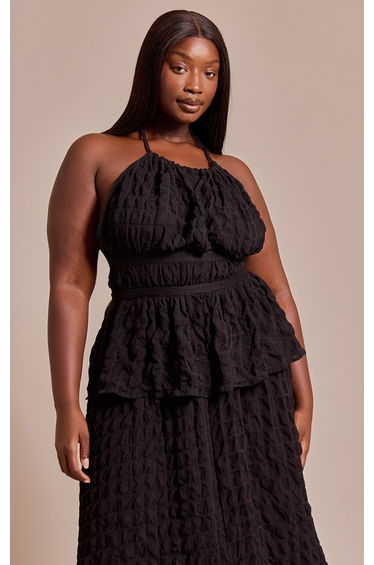Plus Black Textured Shirred Long Sleeve Top