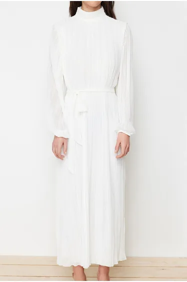 فستان زفاف شيفون مبطن بكسرات - بيج