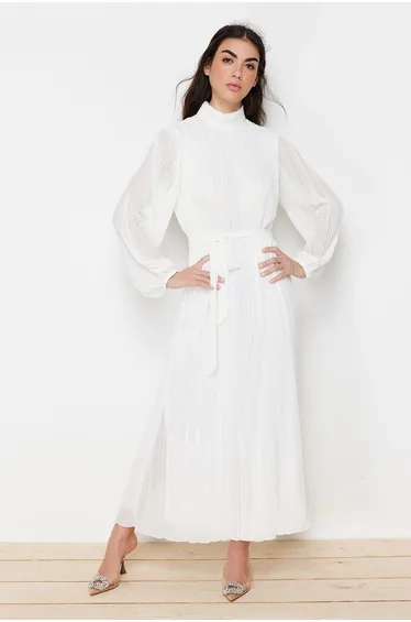 فستان زفاف شيفون مبطن بكسرات - بيج