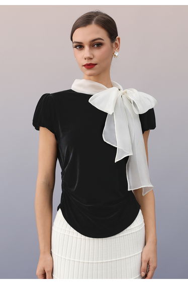 Delicate Tie-Bow Bubble Sleeve Velvet Top in Black