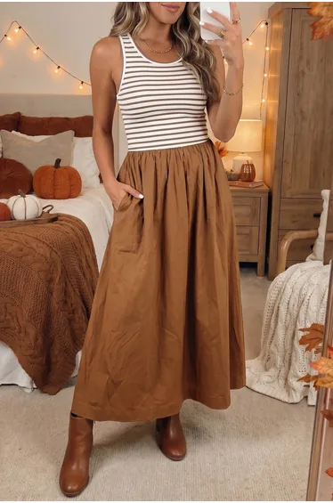 Lvness Chestnut Striped Colorblock Patchwork Sleeveless Casual Long Dress
