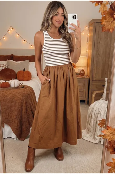 Lvness Chestnut Striped Colorblock Patchwork Sleeveless Casual Long Dress