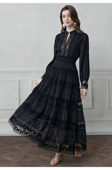 Savvy Elegance Notch Neck Floral Lace Panelled Maxi Dress in Black