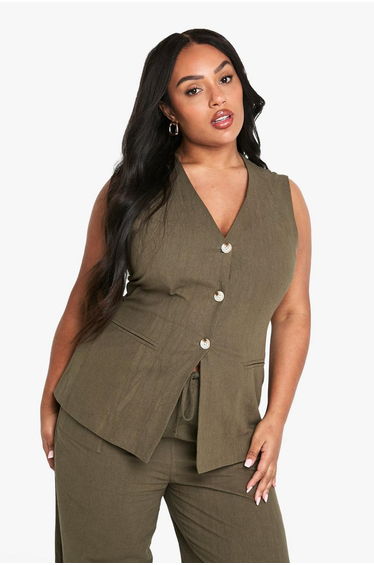 Plus Halter Textured Linen Look Waistcoat - khaki