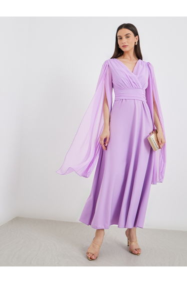Cape Sleeve Pleated Detail V-Neck A-Line Maxi Dress