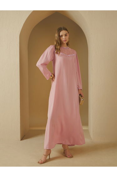 Embellished Round Neck Mesh Insert A-Line Jalabyia