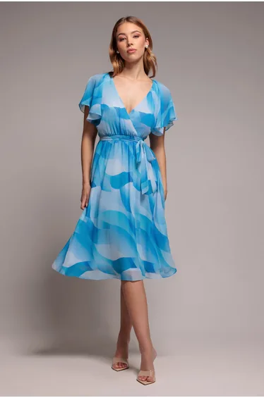 فستان ميدي شيفون بأكمام بحافة واسعة بطبعة - أزرق