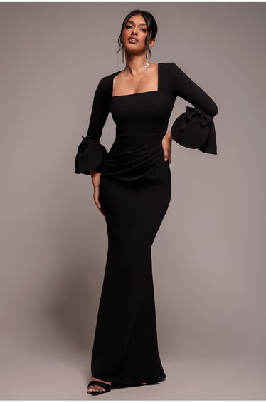 Petal Bow Sleeve Frill Maxi Dress - Black by Goddiva