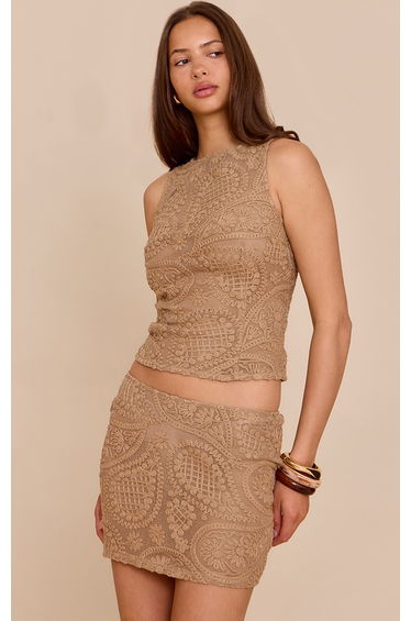 Taupe Textured Embroidered Mini Skirt