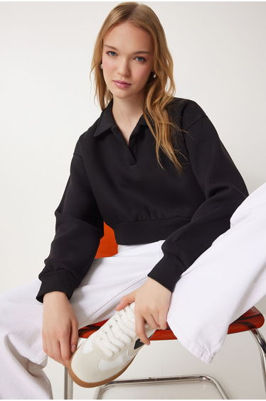 Women's Black Polo Neck Raised Crop Knit Sweatshirt