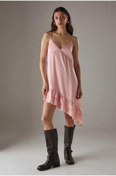Satin Asymmetric Ruffle Mini Strappy Dress
