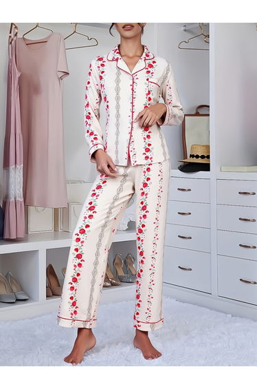 Women Striped Floral Print Shirt and Pyjama Set