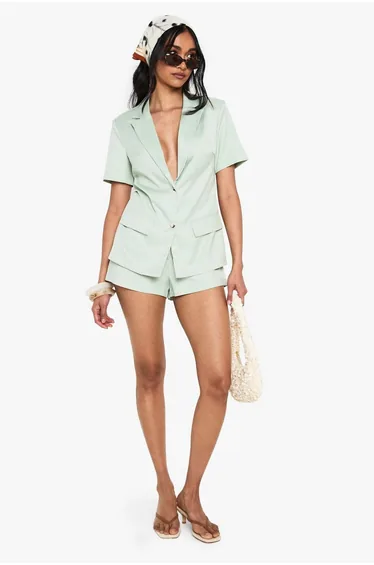 Tailored Short Sleeve Structured Playsuit - sage