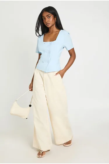 Double Breasted Short Sleeve Blazer - baby blue