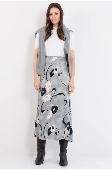 Women's Gray Floral Patterned Zippered Satin Midi Skirt