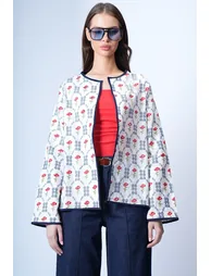 Women's Ecru-Navy Blue Floral Patterned Piped Woven Jacket - 4