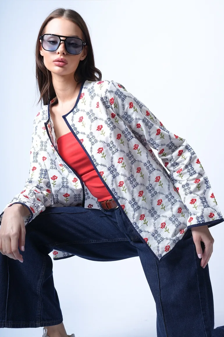 Women's Ecru-Navy Blue Floral Patterned Piped Woven Jacket - 3