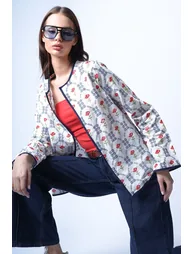 Women's Ecru-Navy Blue Floral Patterned Piped Woven Jacket - 3
