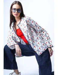 Women's Ecru-Navy Blue Floral Patterned Piped Woven Jacket