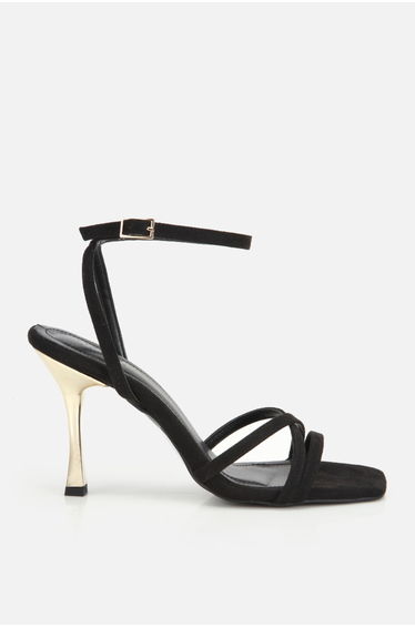 Women's Black Cross-Strapped Suede Gold Heeled High Heels Sandals