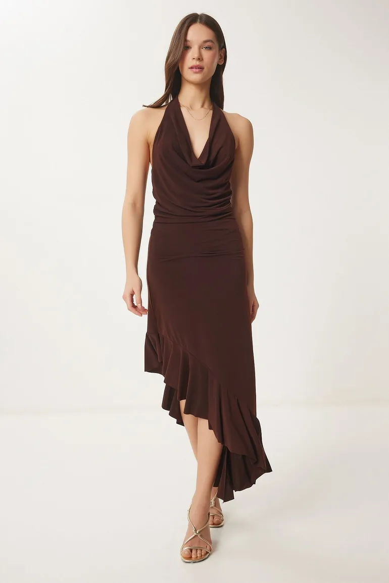 Women's Brown Asymmetrical Cut Midi Sandy Dress Happiness Stanbul Brown : Evening Dresses : VogaCloset Oman Women's Brown Asymmetrical Cut Midi Sandy Dress Happiness Stanbul Brown : Evening Dresses : VogaCloset Oman