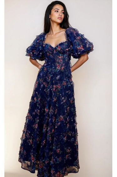 Vesper Navy Floral Print Ruffle Maxi Dress