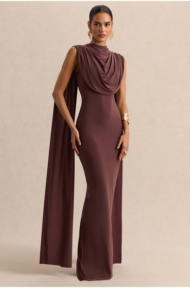 Patrina | Brown High-Neck Maxi Dress With Draped-Detailing And Cape-Sleeves