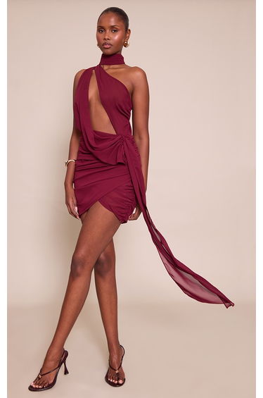 Plum Sheer Chiffon Ruched Detail Asymmetric Drape Bodycon Dress