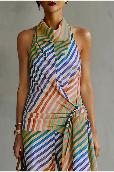Loose Sleeveless Backless Contrast Color Striped Tied Halter-Neck Vest Top