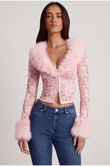 Faux Fur-Trim Lace Cardigan in Pink